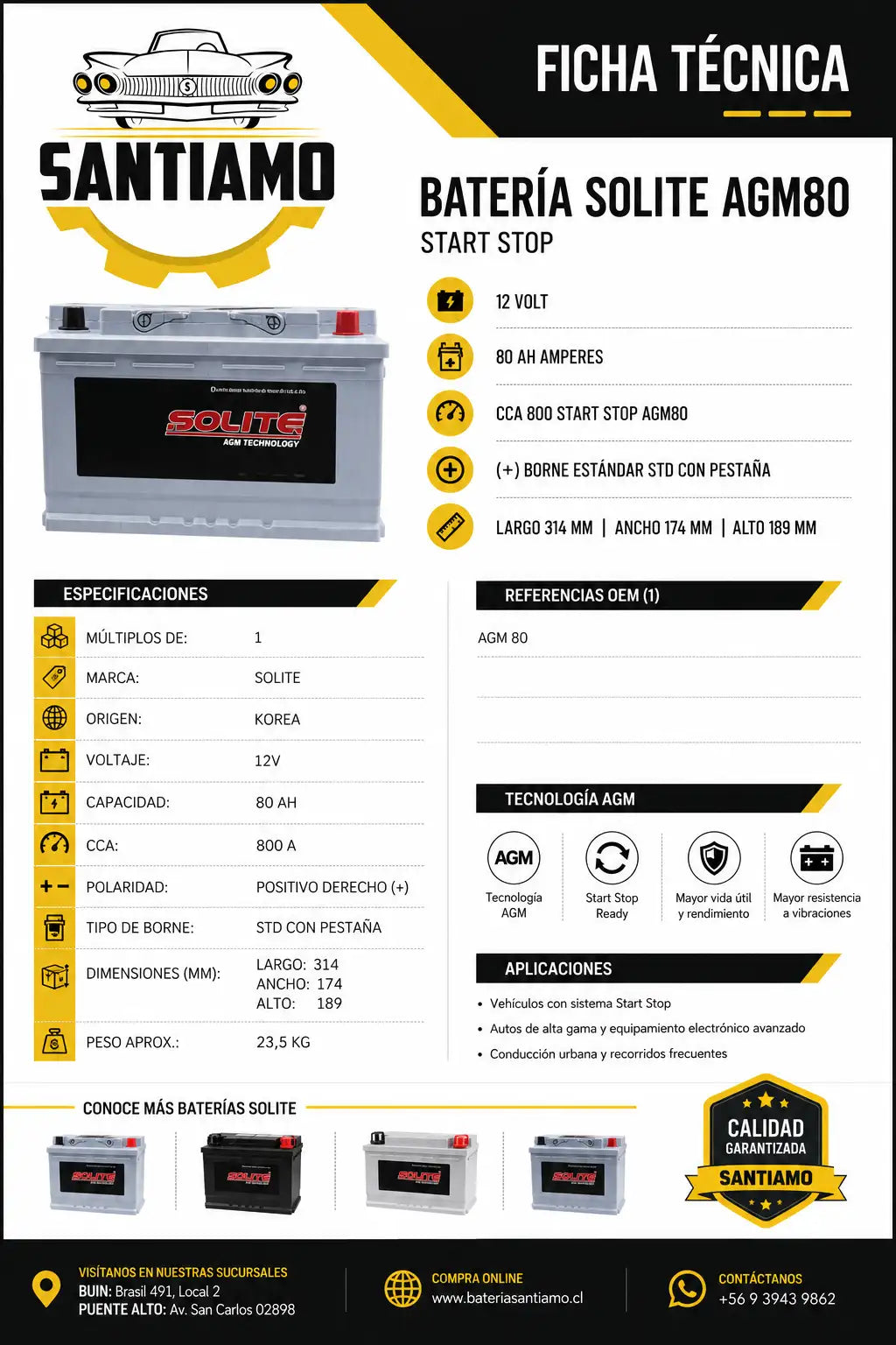Batería Solite AGM80 Start Stop 80Ah 800CCA
