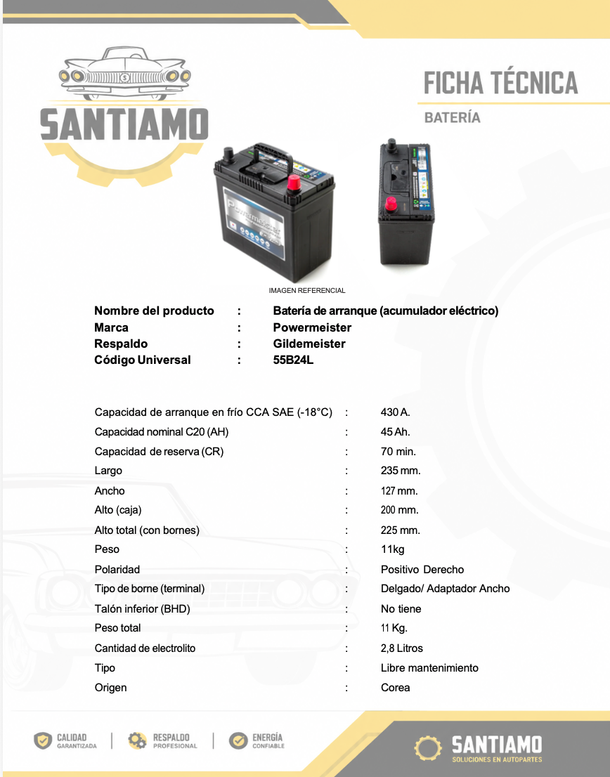 Batería Powermeister 45Ah 430CCA 55B24L (-/+)