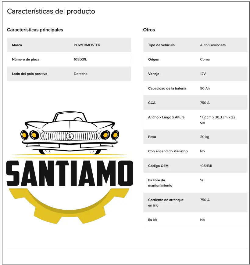 Batería Powermeister 90Ah 750CCA MF 105D31L | Proveedor Oficial Gildemeister