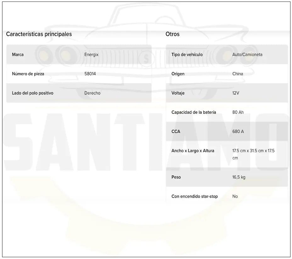 Batería Energix 80Ah 680CCA MF 58014 | Respaldo Oficial Gildemeister