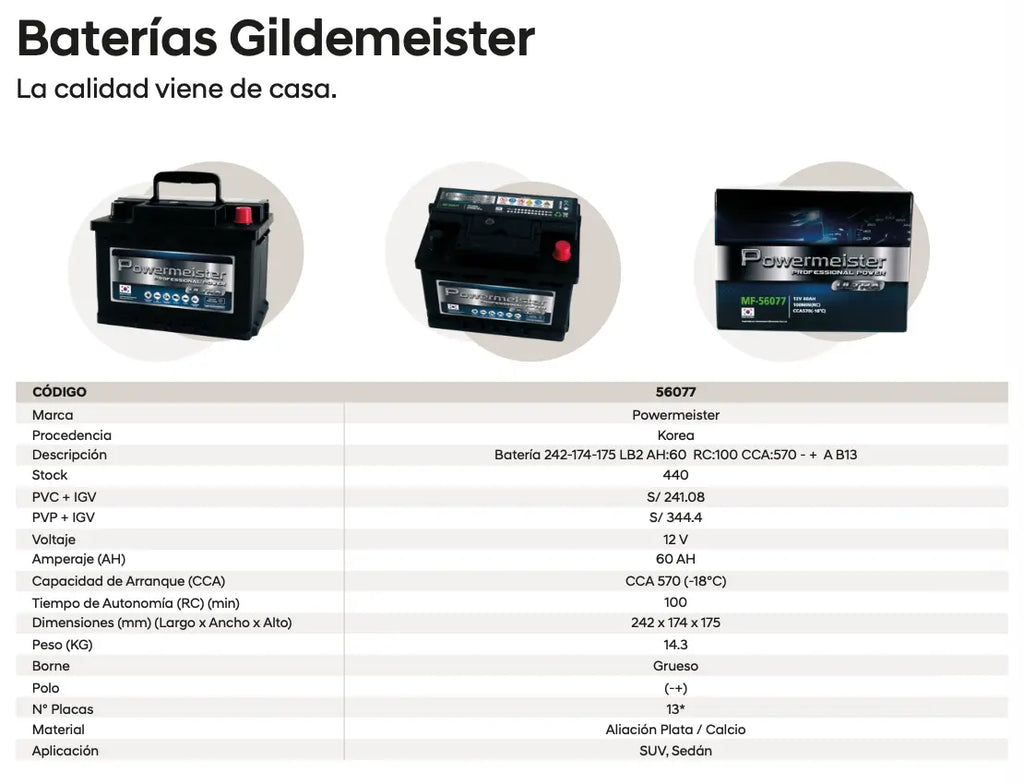 Batería Powermeister 60Ah 540CCA MF56077 | Proveedor Oficial Gildemeister