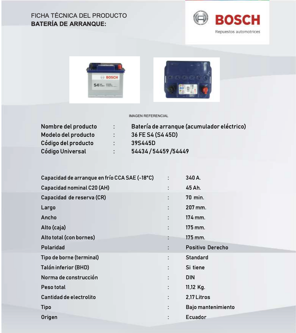 BATERIA BOSCH  45AH 340cca S4 45D-T4-B