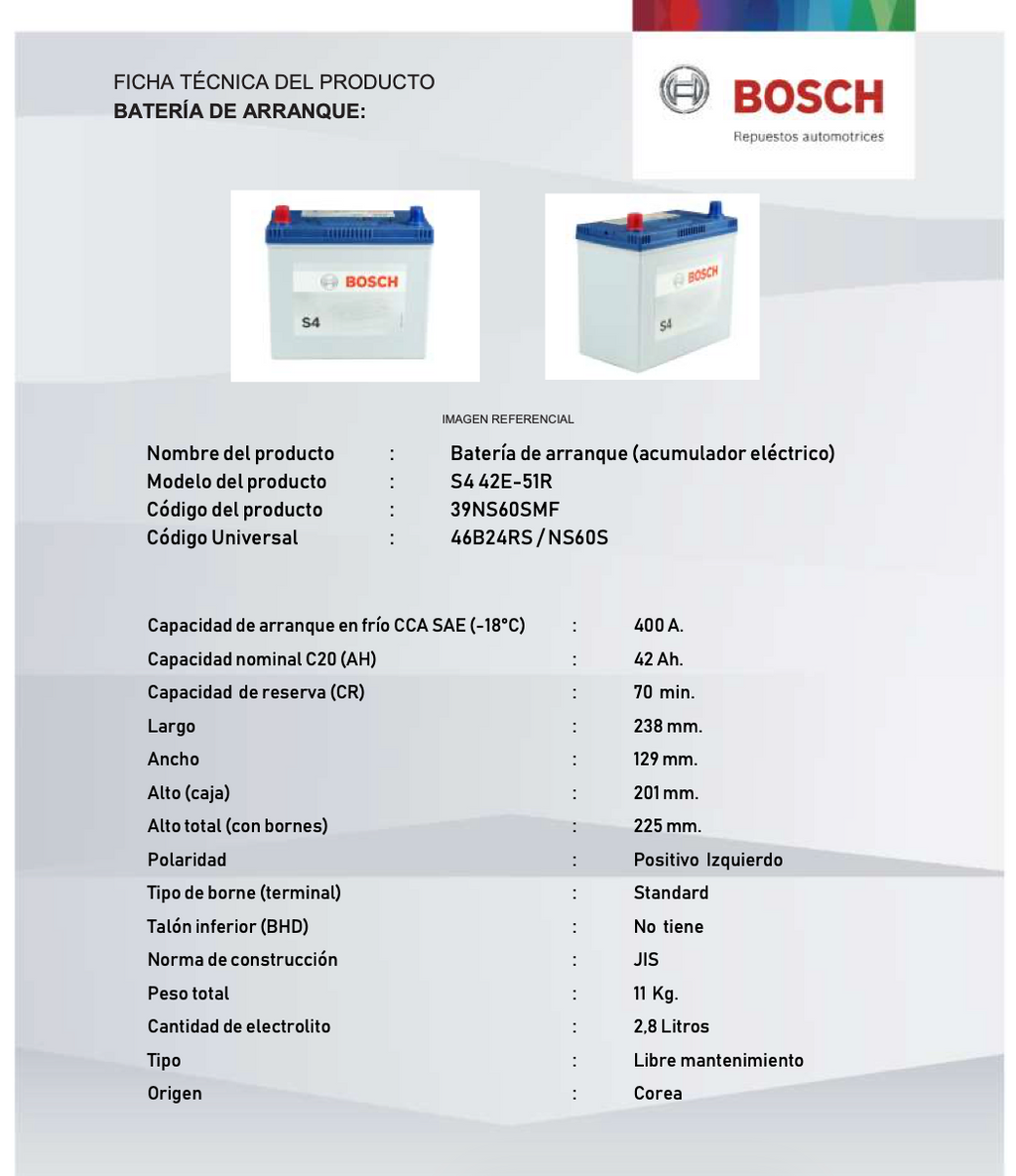 BATERIA BOSCH 42AH 400CCA S4 35EA-151R