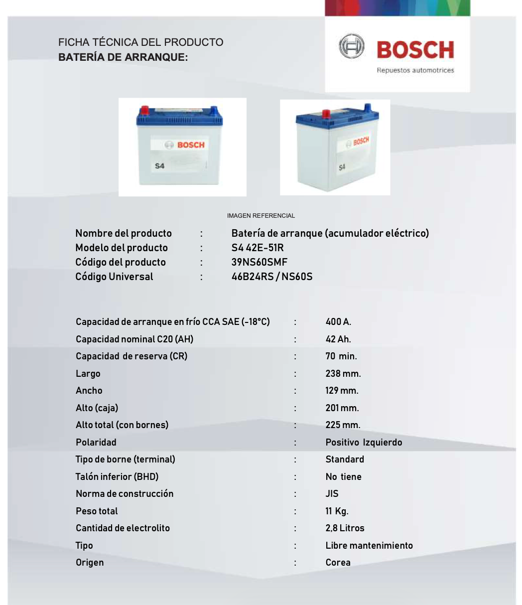 BATERIA BOSCH 42AH 400CCA S4 35EA-151R