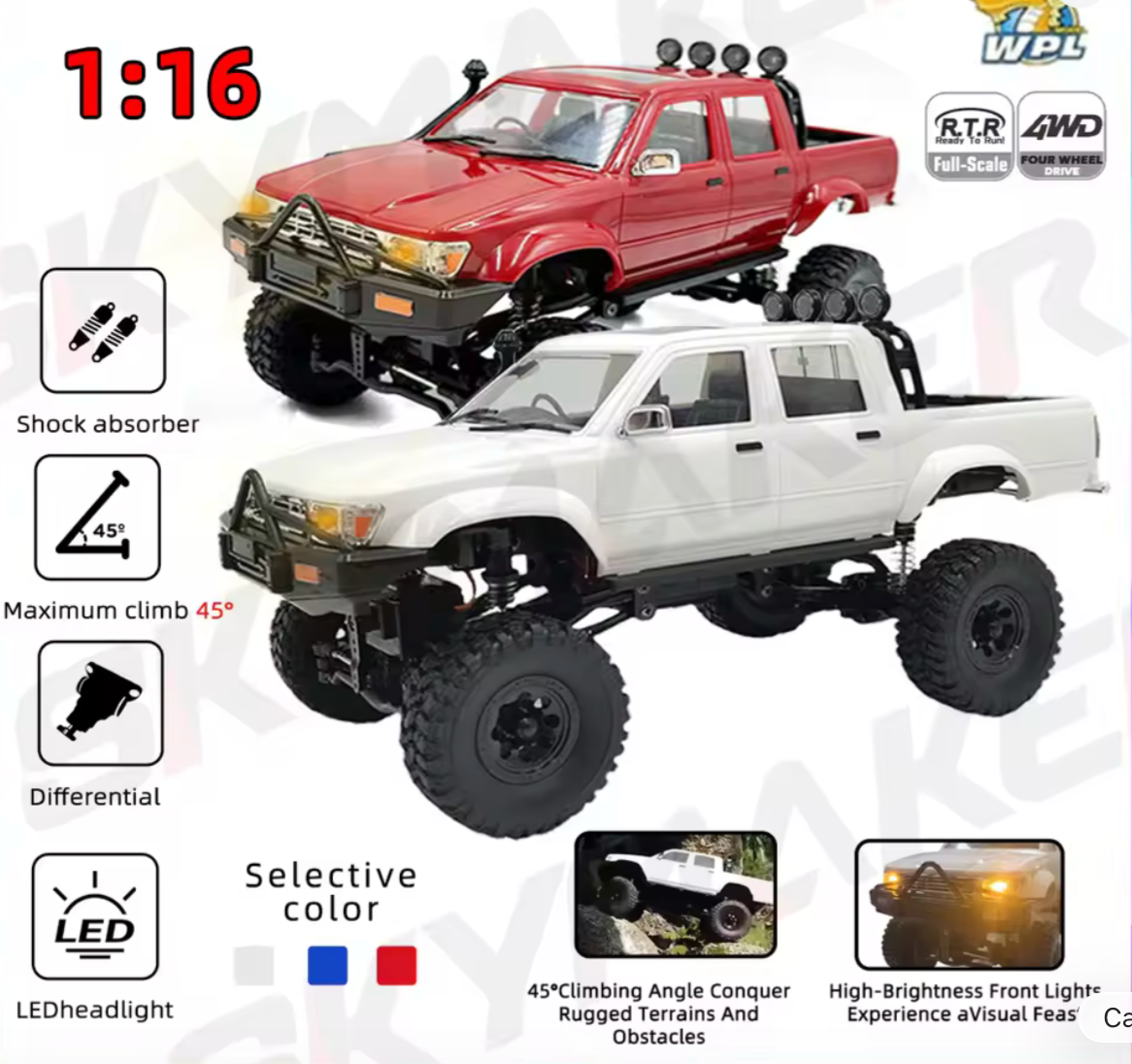 Auto a Control Remoto 1:16 Toyota Hailux Roja 2,4G 4WD