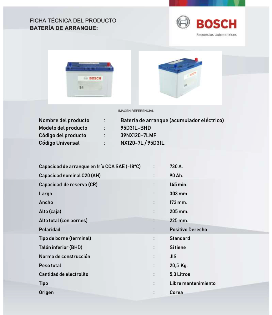 BATERIA BOSCH 90AH 730 CCA S4 85D-27-B