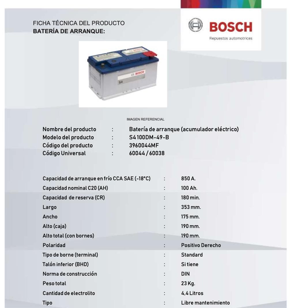BATERIA BOSCH.100AH 850cca S4 SMF 60044