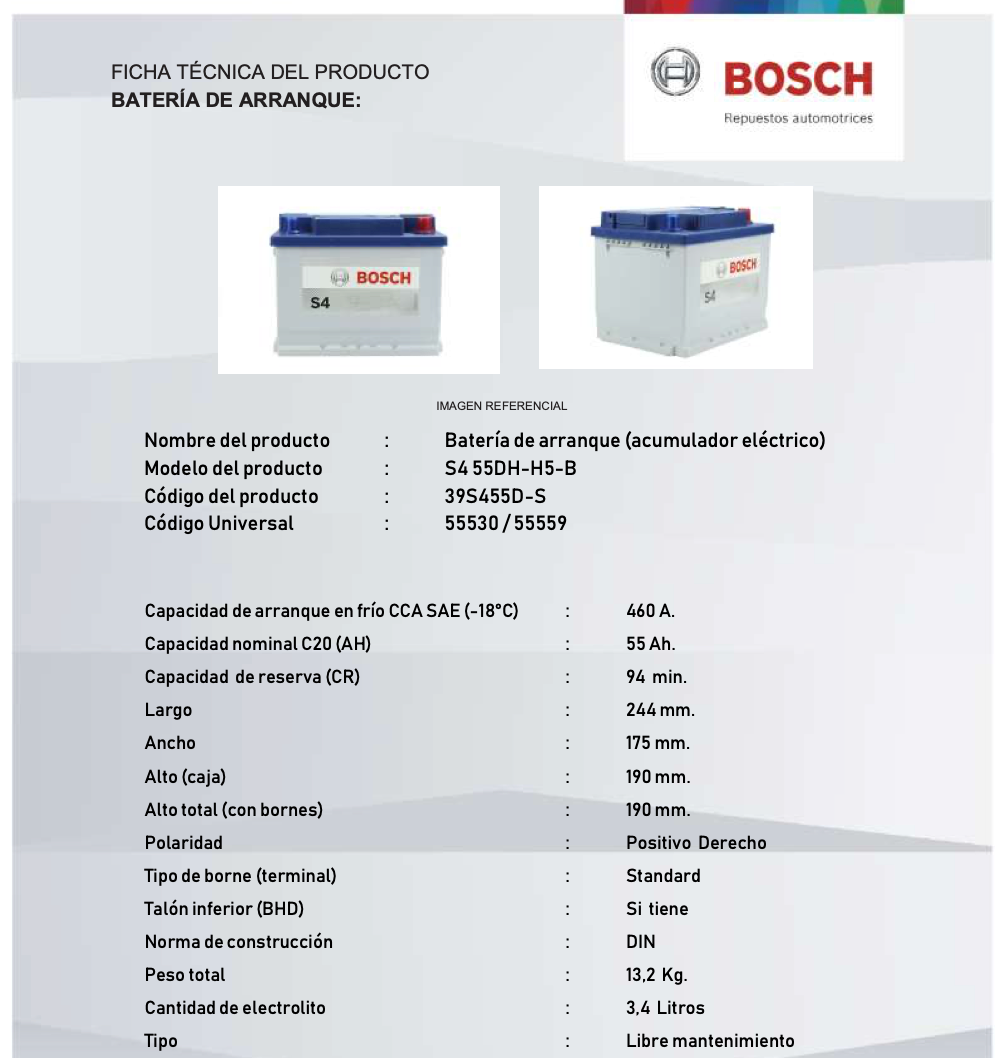 BATERIA BOSCH 55AH 460CCA_S4 55DH-H5-B