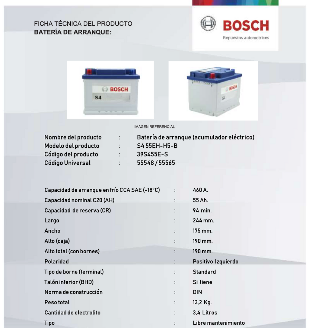 BATERIA BOSCH 55AH 460CCA S4 55EH-H5-B