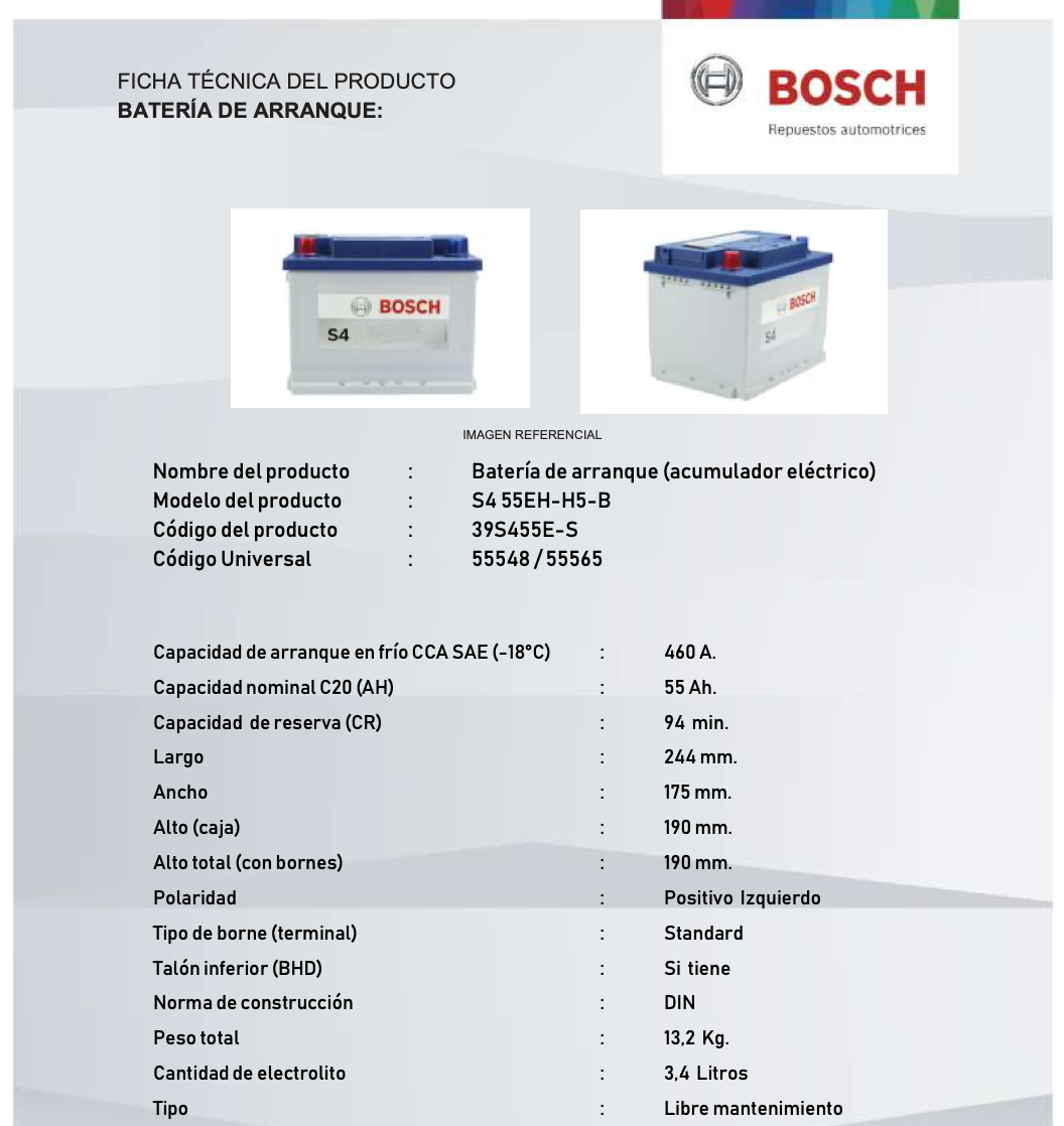 BATERIA BOSCH 55AH 460CCA S4 55EH-H5-B