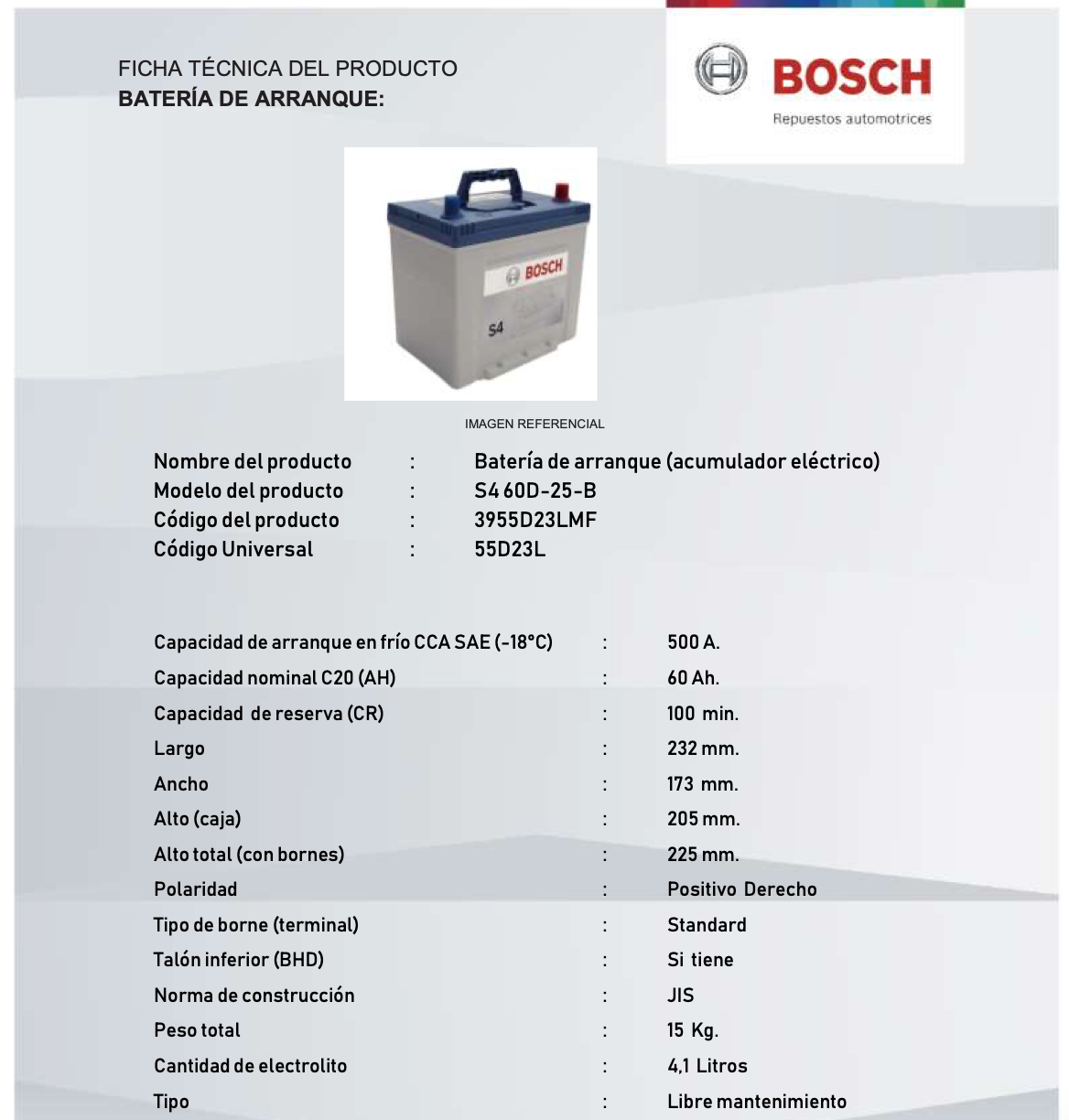 BATERIA BOSCH 60AH 500CCA S4 60D-25-B
