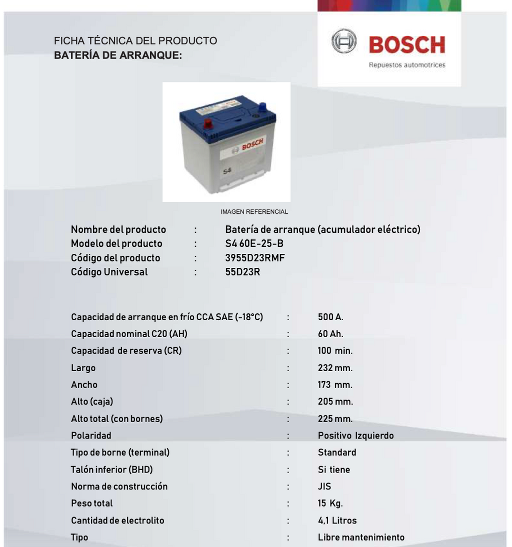 BATERIA BOSCH 60AH 500CCA S4 60E-25-В