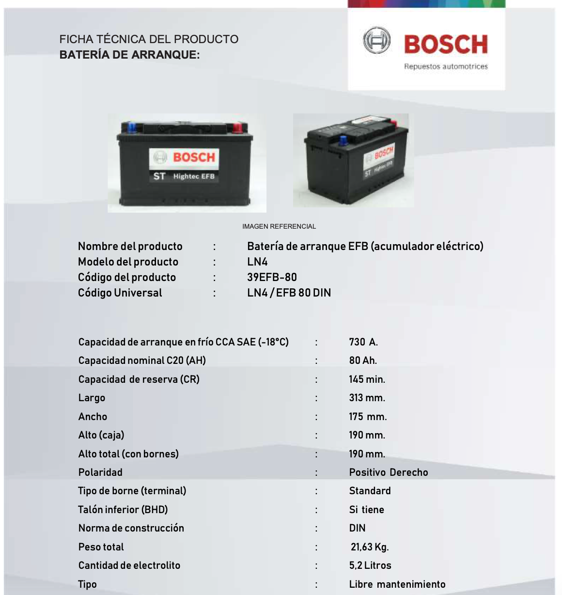 BATERIA BOSCH EFB 80AH 730CCA START STOP L4