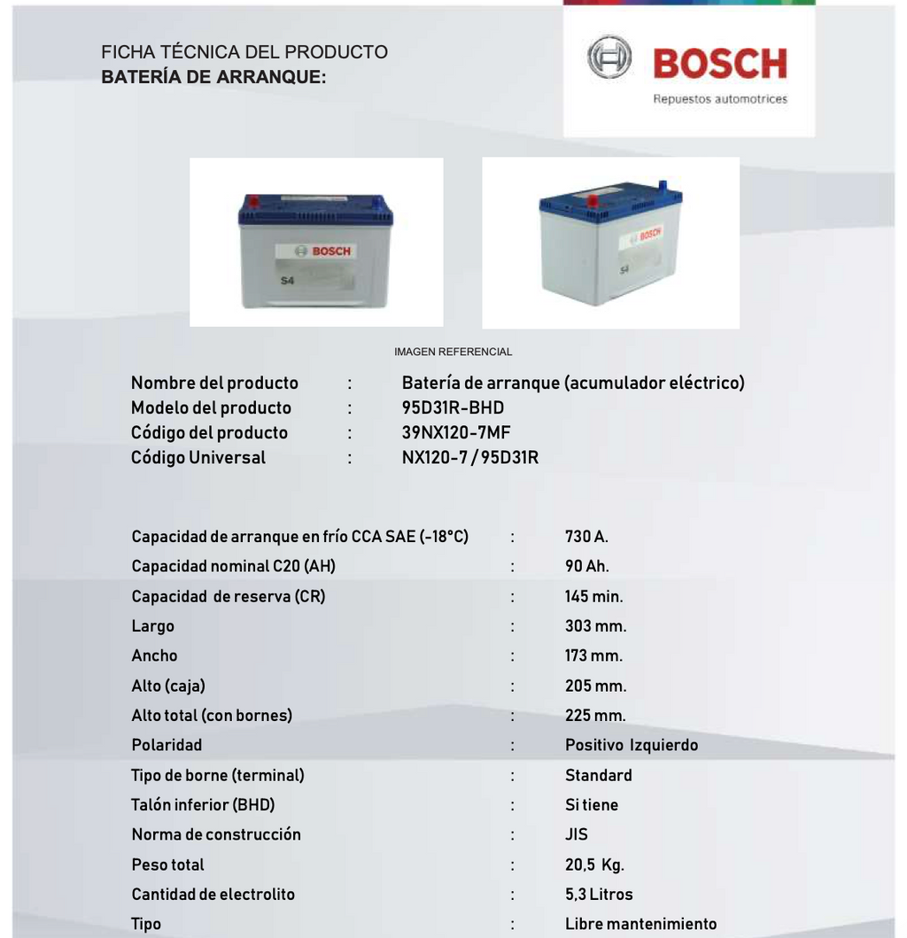 BATERIA BOSCH 90AH 730CCA S4 85E-27-B