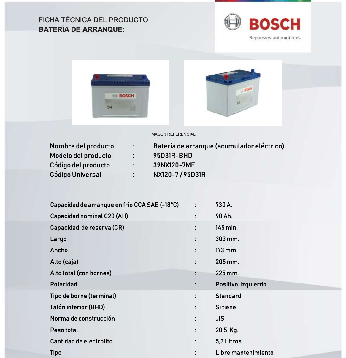 BATERIA BOSCH 90AH 730CCA S4 85E-27-B