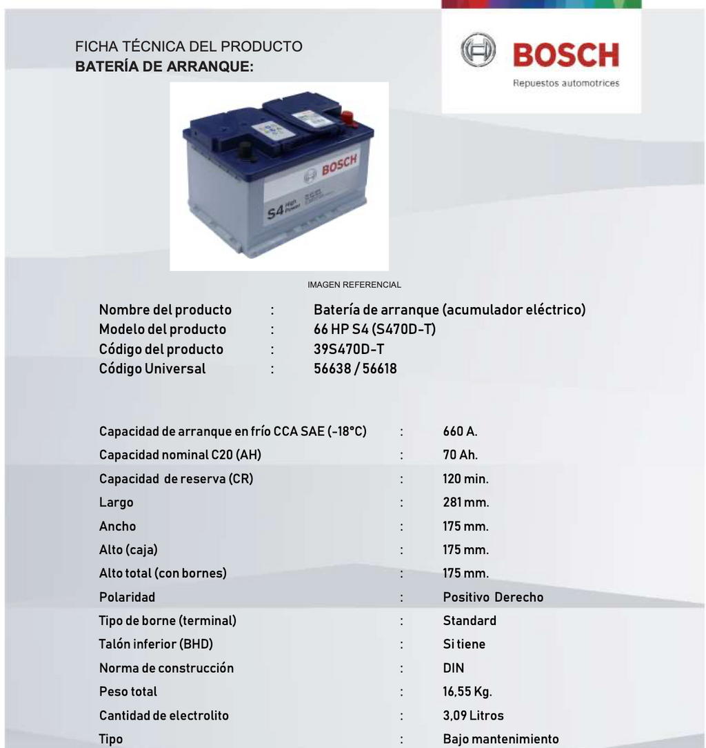 BATERIA BOSCH 70AH 660CCA S4 70D-T6-B
