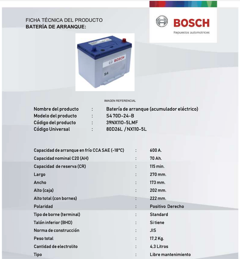 BATERIA BOSCH 70AH 600CCA S4 70D-24-В