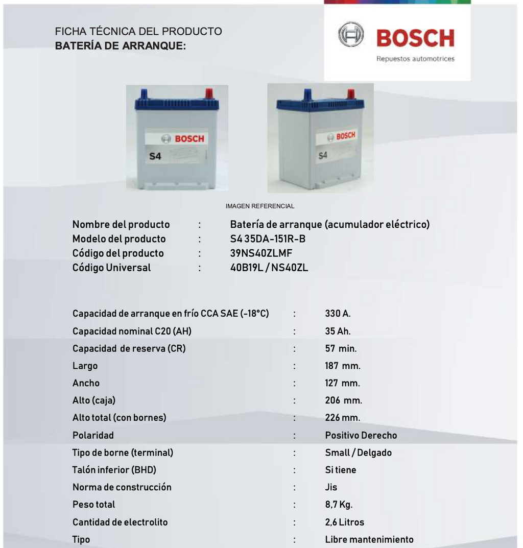 BATERIA BOSCH 35AH 330CCA S4 35DA-151R-B