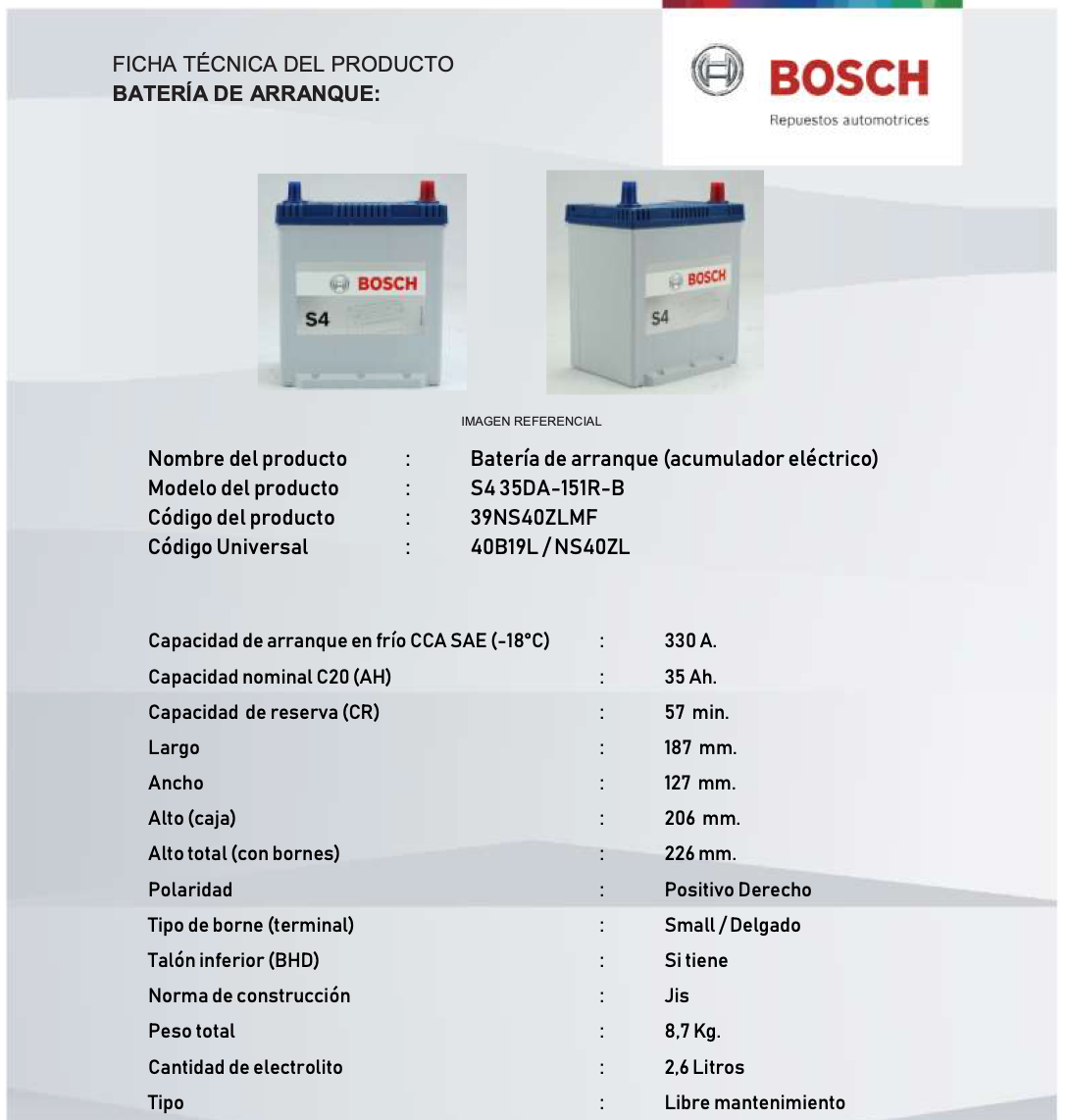 BATERIA BOSCH 35AH 330CCA S4 35DA-151R-B