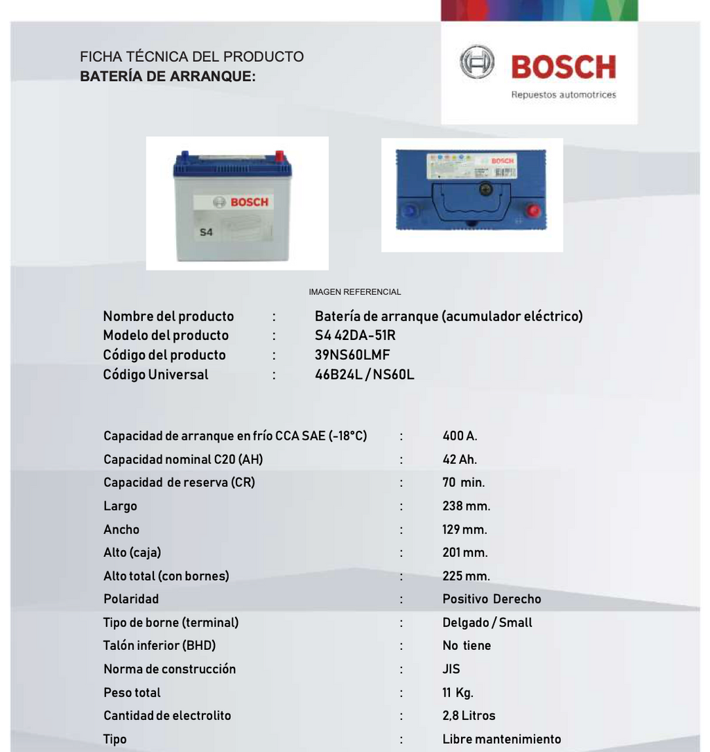 BATERIA BOSCH 42AH 400CCA S4_42DA-51R