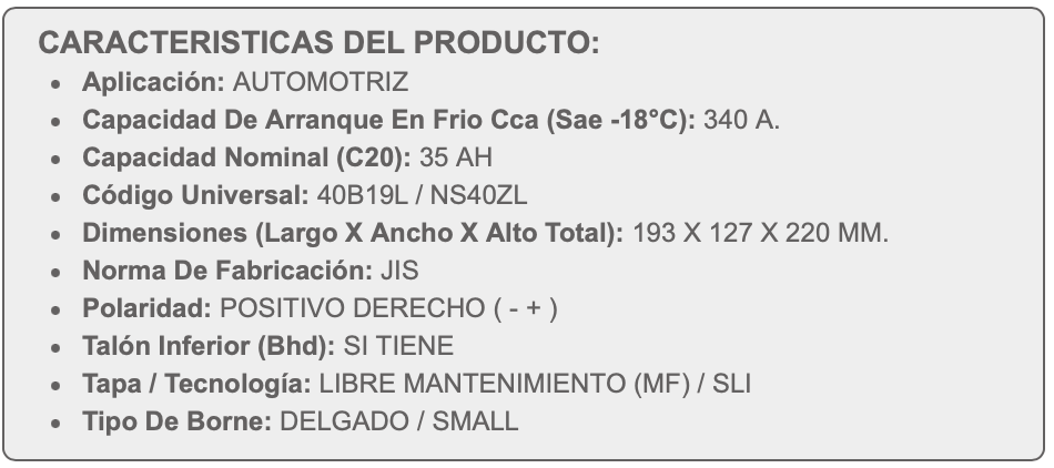 Batería Beste SMF 35Ah 340CCA 40B19L (-/+)