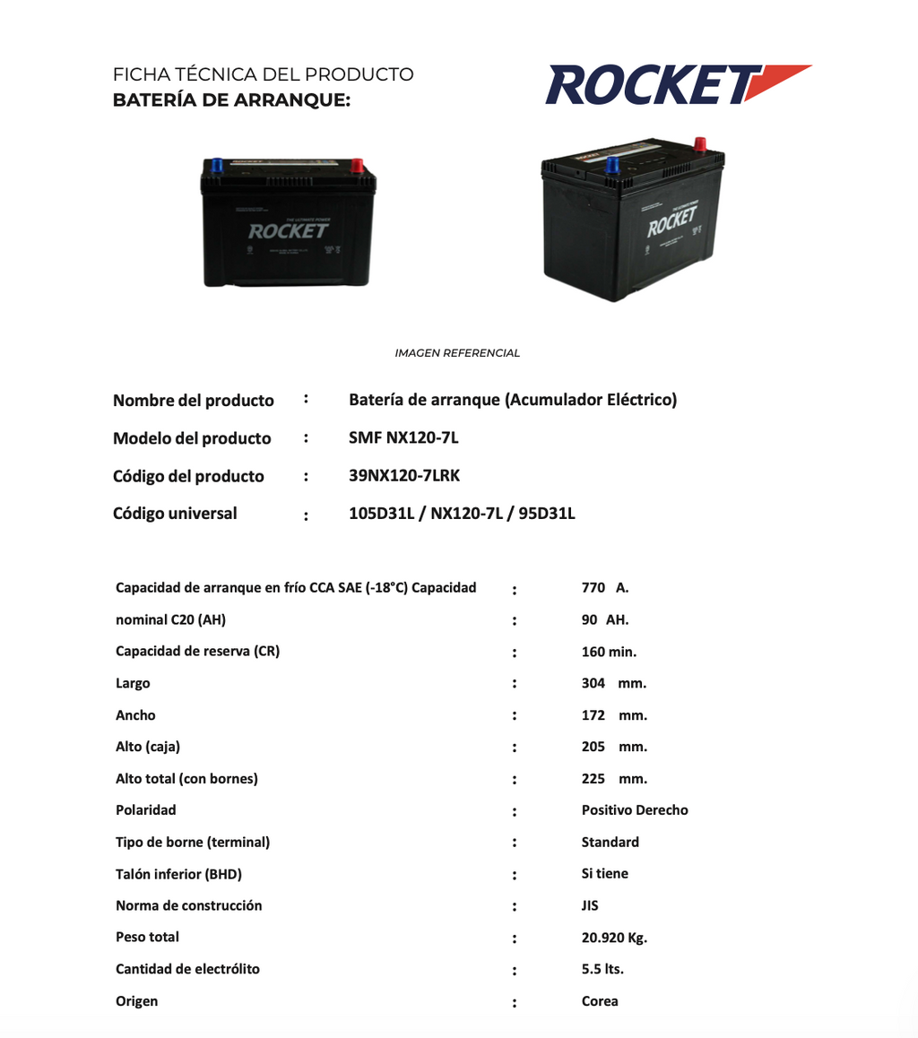 Batería Rocket 90Ah 770CCA 95D31L | Alto Rendimiento