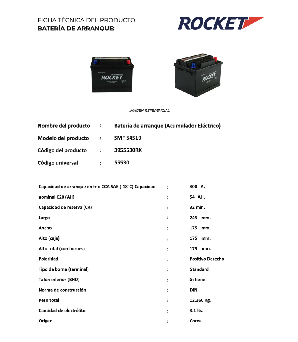 Batería Rocket SMF 54Ah 400CCA 55530 (-/+)
