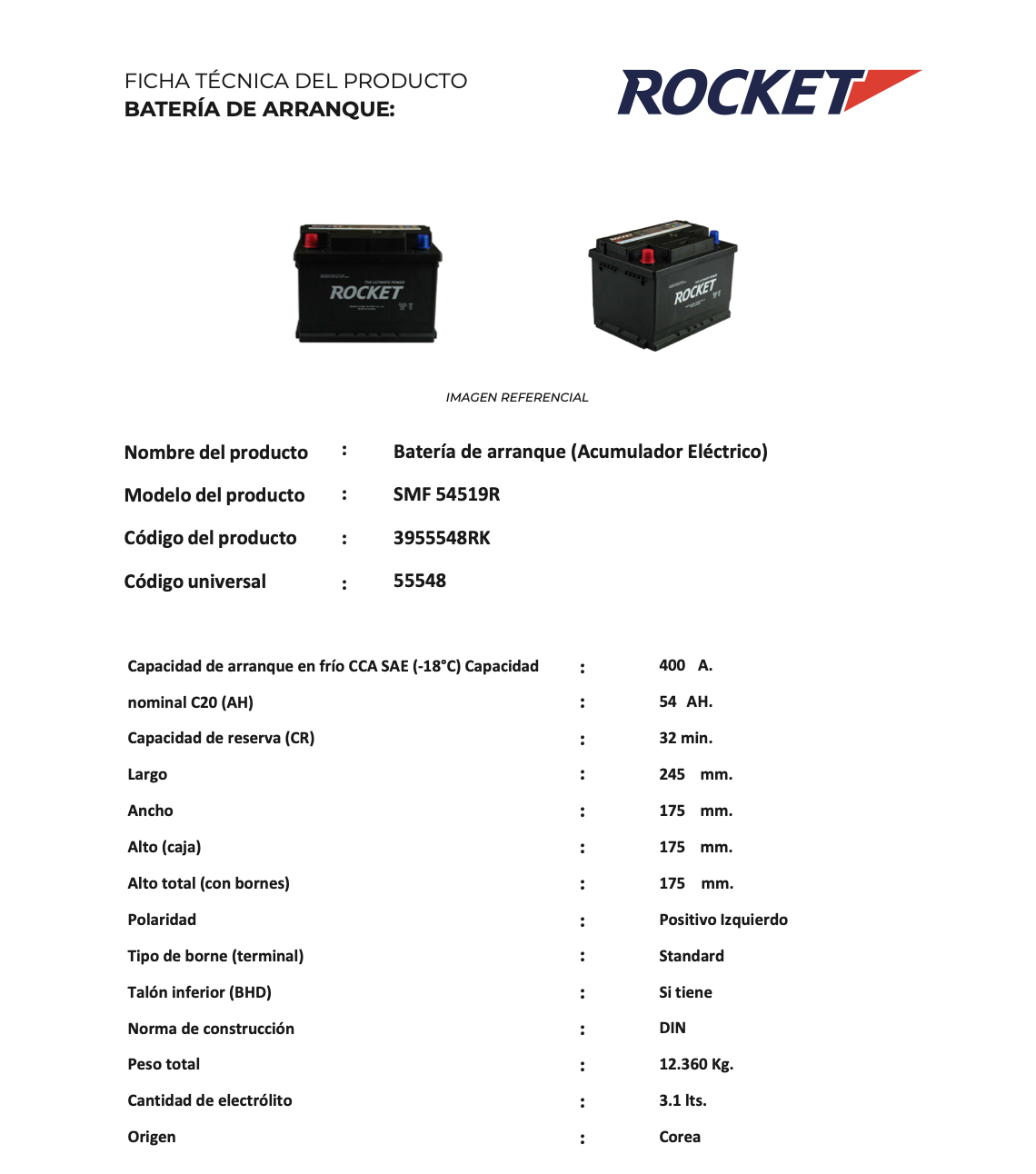 Batería Rocket SMF 54Ah 400CCA 55548 (+/-)