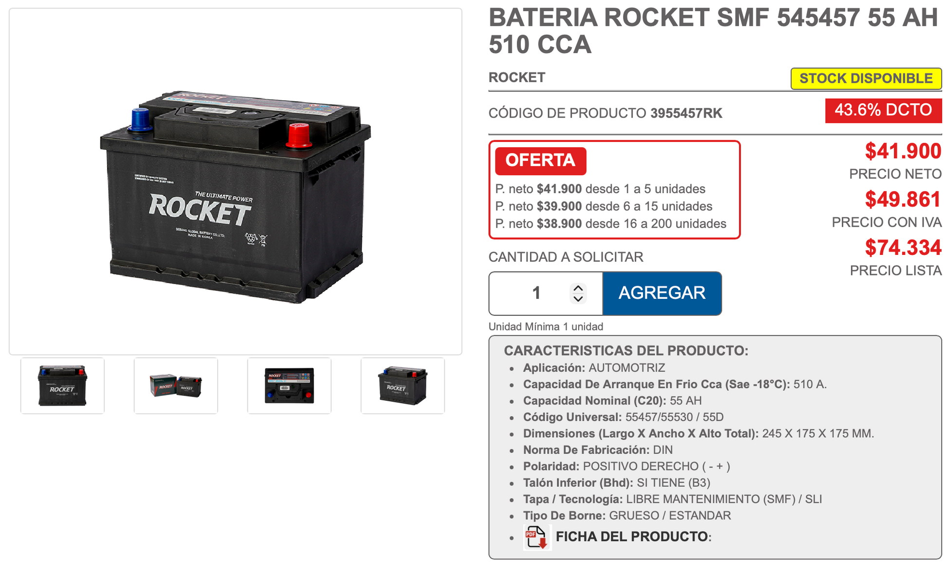 Batería Rocket SMF 55Ah 510CCA 55557 (-/+)