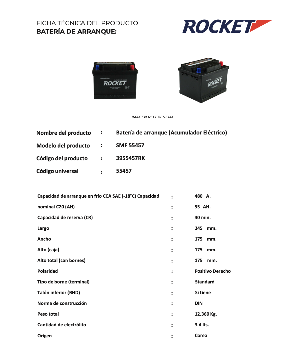 Batería Rocket SMF 55Ah 510CCA 55557 (-/+)