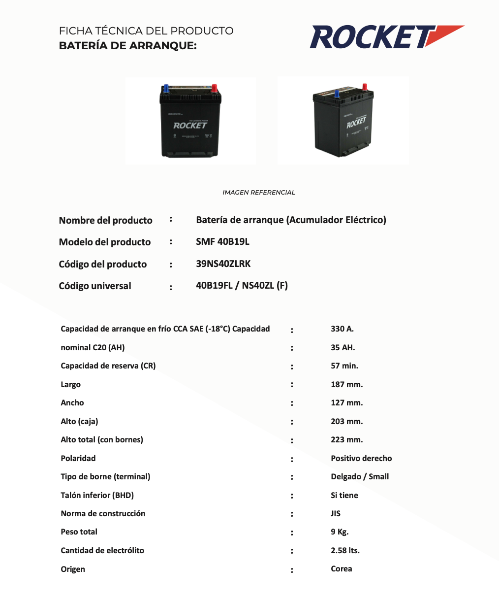 Batería Rocket SMF 40B19L 35Ah 330CCA (-/+)