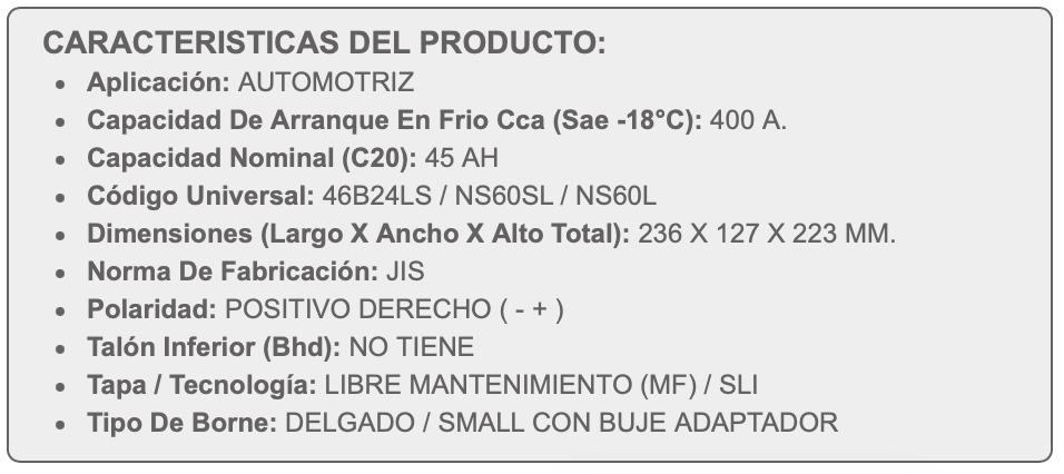 Batería Beste SMF NS60L 45Ah 400CCA (-/+)