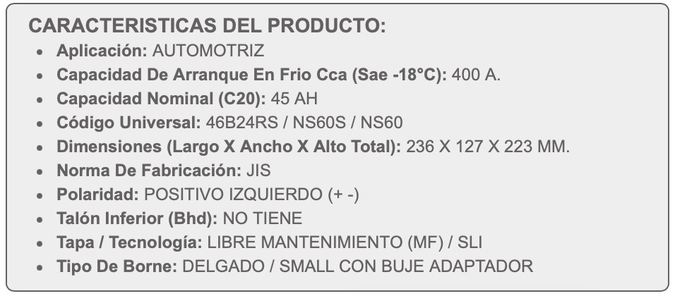 Batería Beste SMF NS60 45Ah 400CCA (+/-)