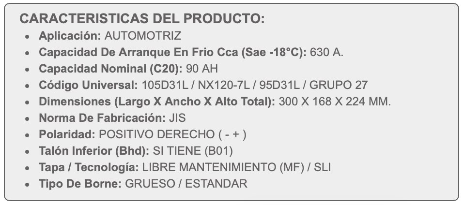 Batería BESTE 90Ah 630CCA MF NX120-7L | Positivo Derecho | Libre de Mantenimiento