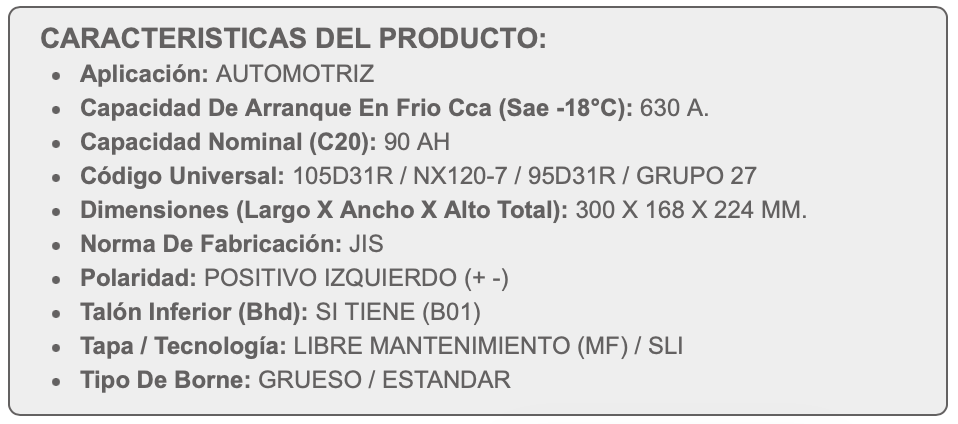 Batería BESTE 90Ah 630CCA MF NX120-7 | Libre de Mantenimiento