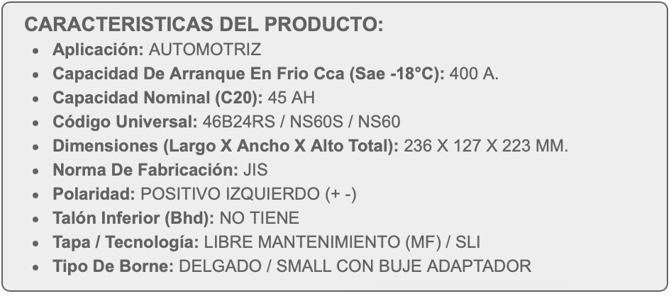 Batería BESTE 45AH 400CCA MF NS60 – Libre de Mantenimiento