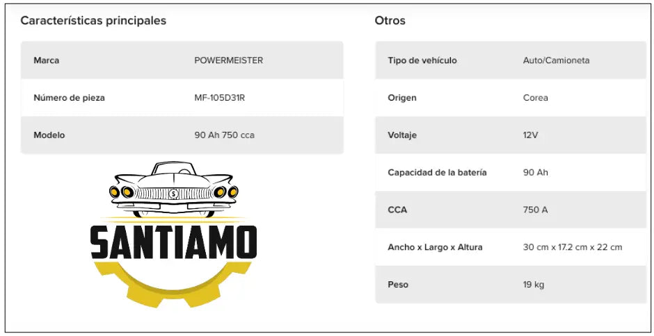 Batería Powermeister 90Ah 750CCA MF 105D31R | Proveedor Oficial Gildemeister