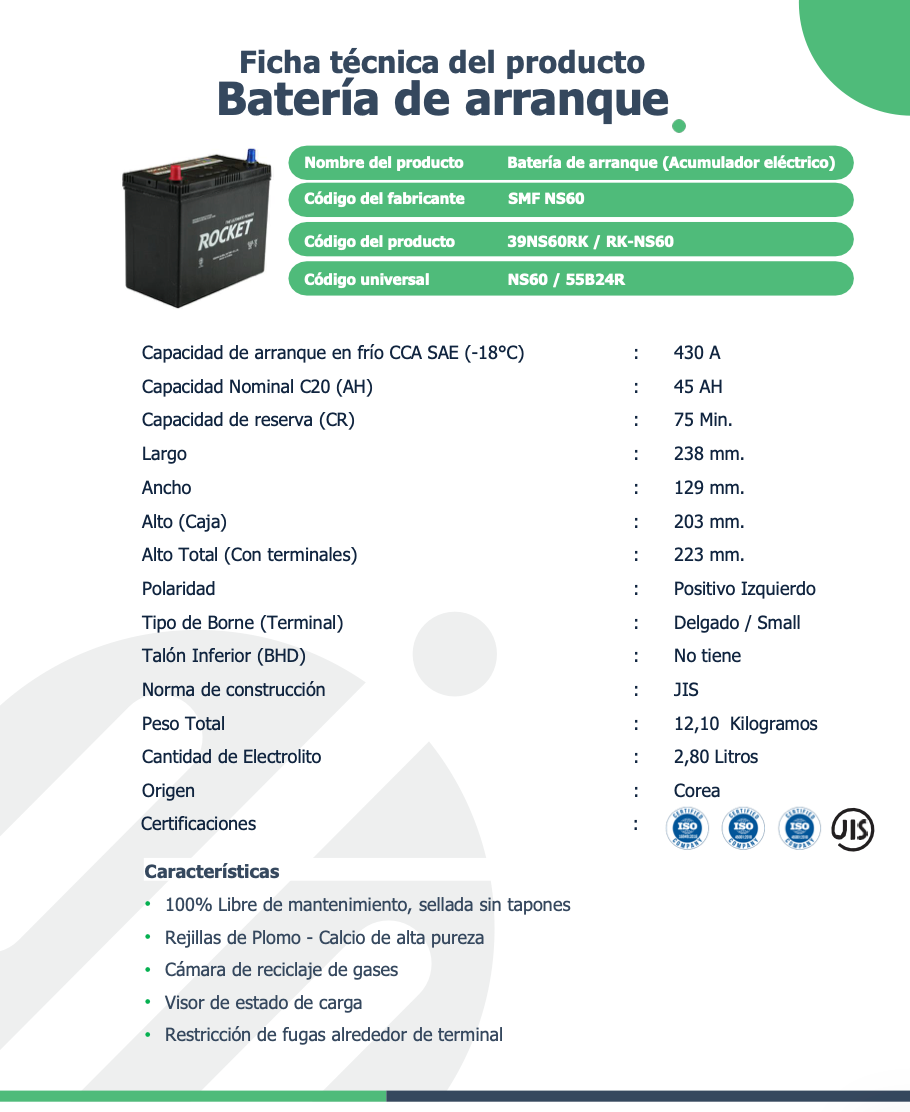Batería Rocket NS60 45AH – SMF NS60 / 39NS60RK / 55B24R