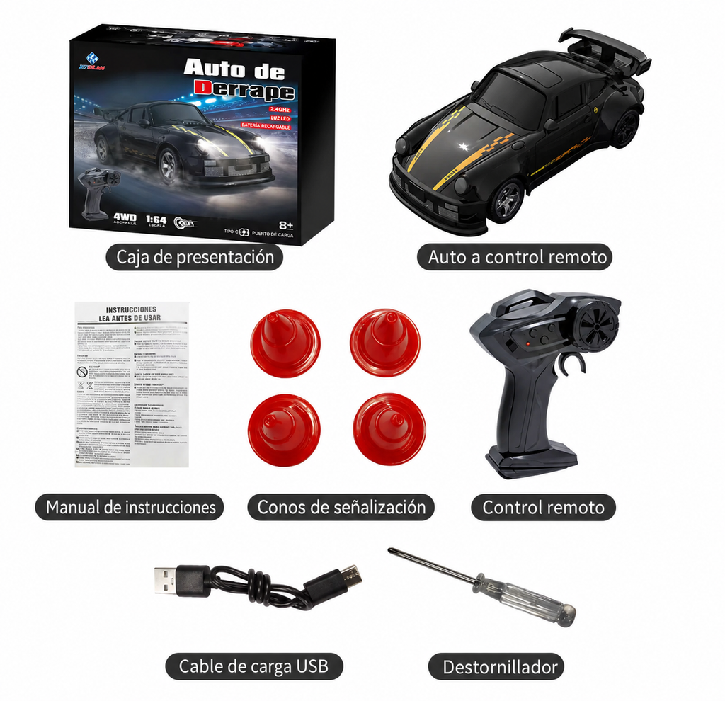 Auto de Carreras RC 1:64 – Control Remoto 4 Ruedas Escala Real