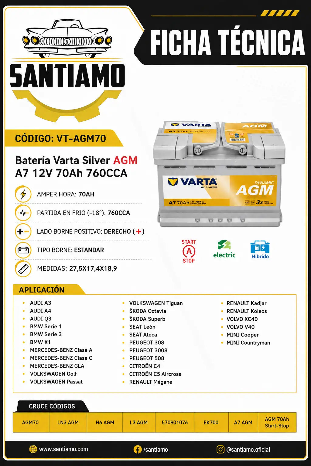 Batería Varta Silver AGM LN3L 70Ah 760CCA Start-Stop (-+)