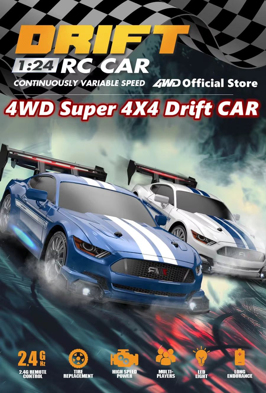 Auto RC Ford Mustang Drift 1:24 2.4G — Blanco y Azul
