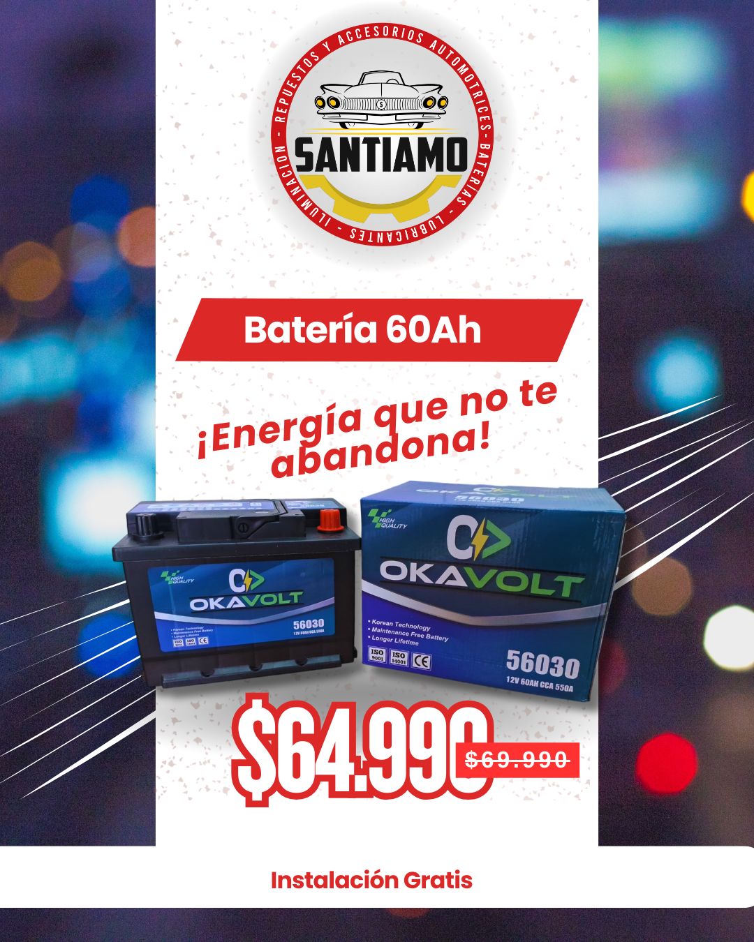 Batería Okavolt 60AH(-/+) 550cca 56030