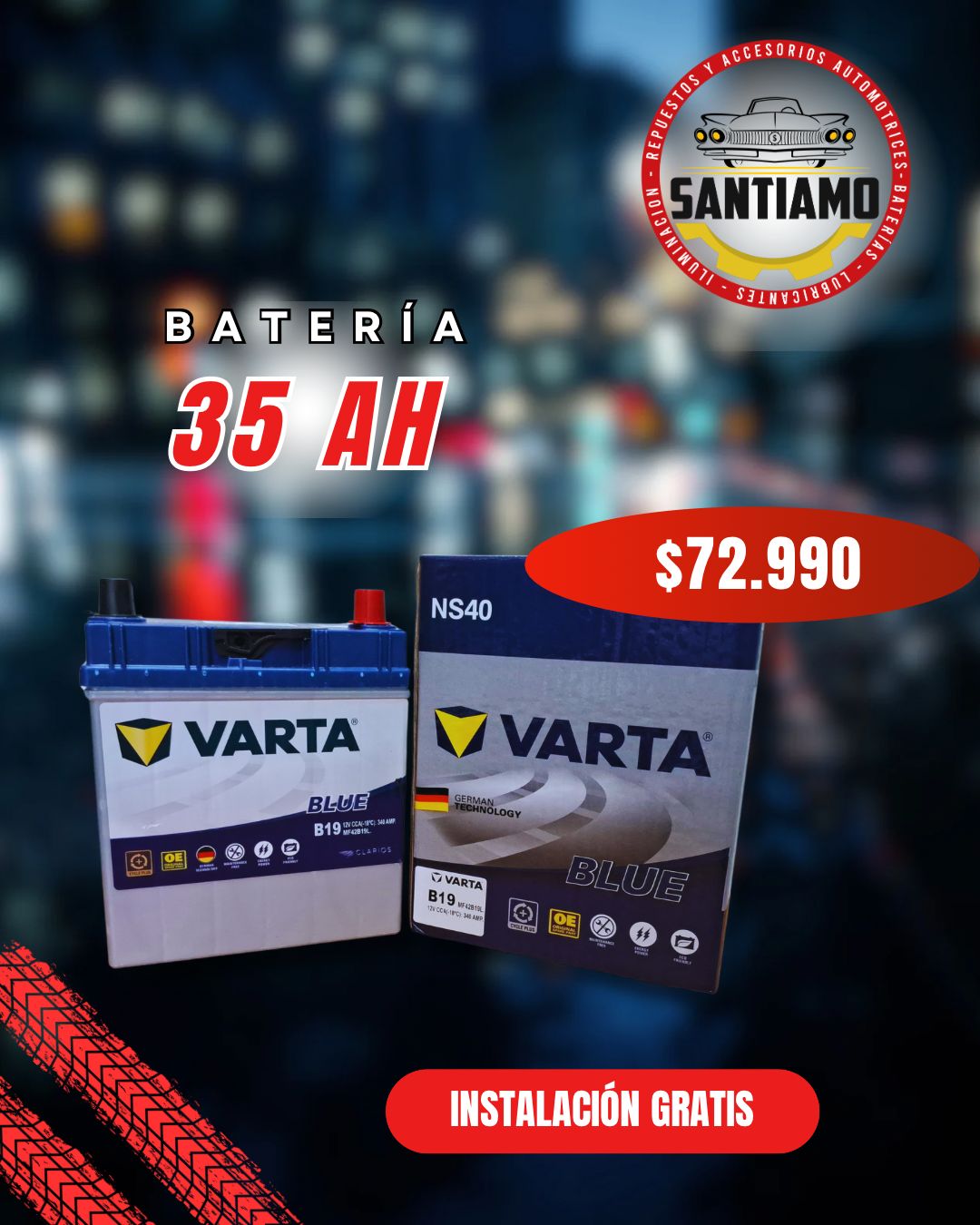 Batería Varta 35AH(-/+) 340cca MF42B19L