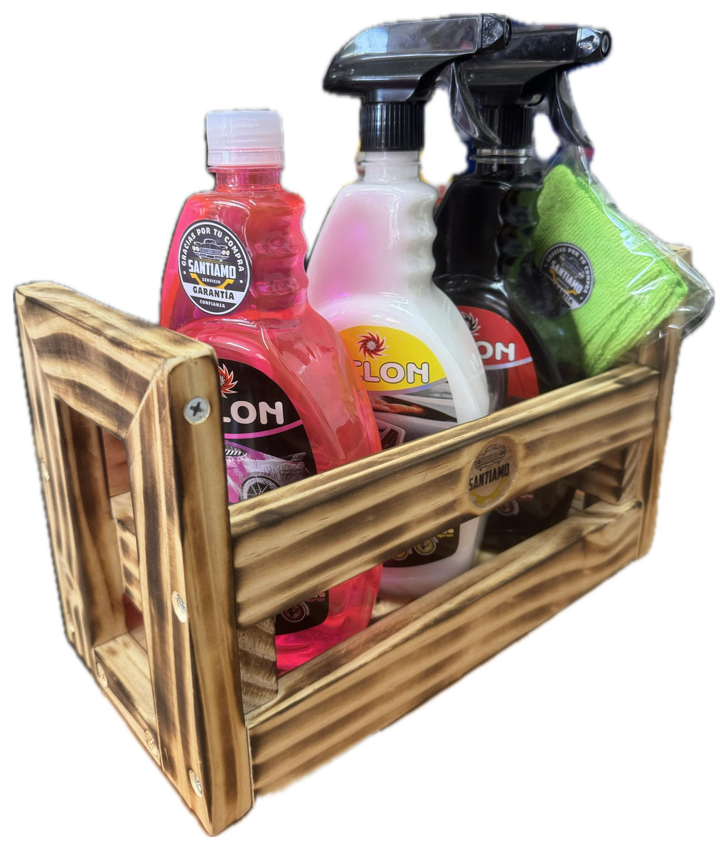 Kit de Limpieza, caja rústica+shampoo+silicona+renovador+paño