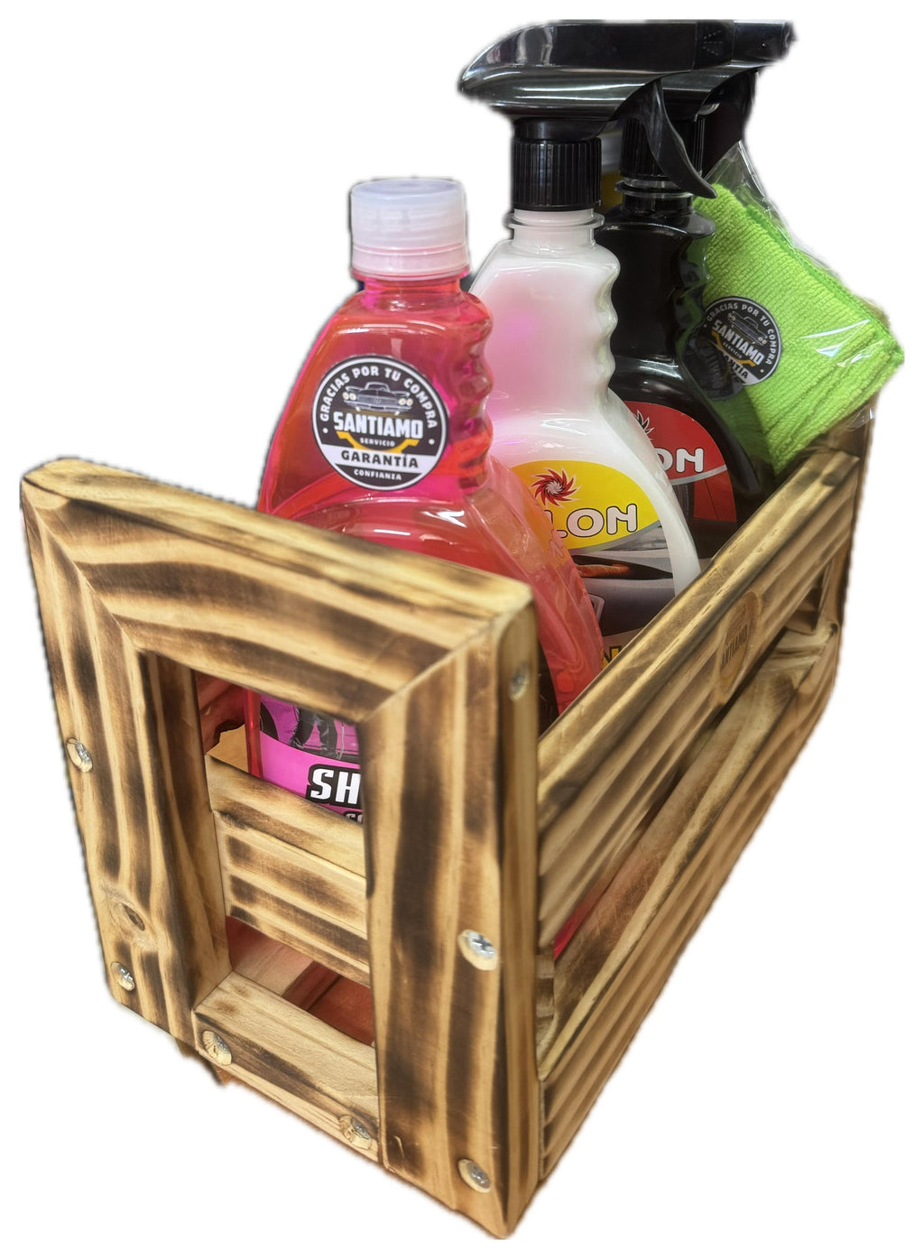 Kit de Limpieza, caja rústica+shampoo+silicona+renovador+paño