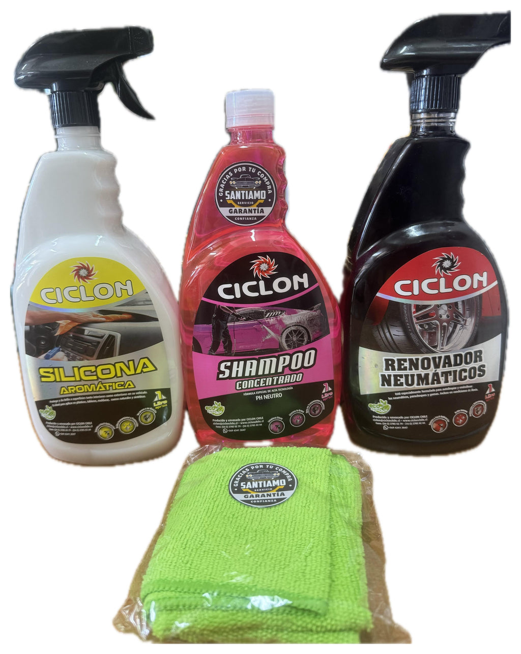 Kit de Limpieza, caja rústica+shampoo+silicona+renovador+paño