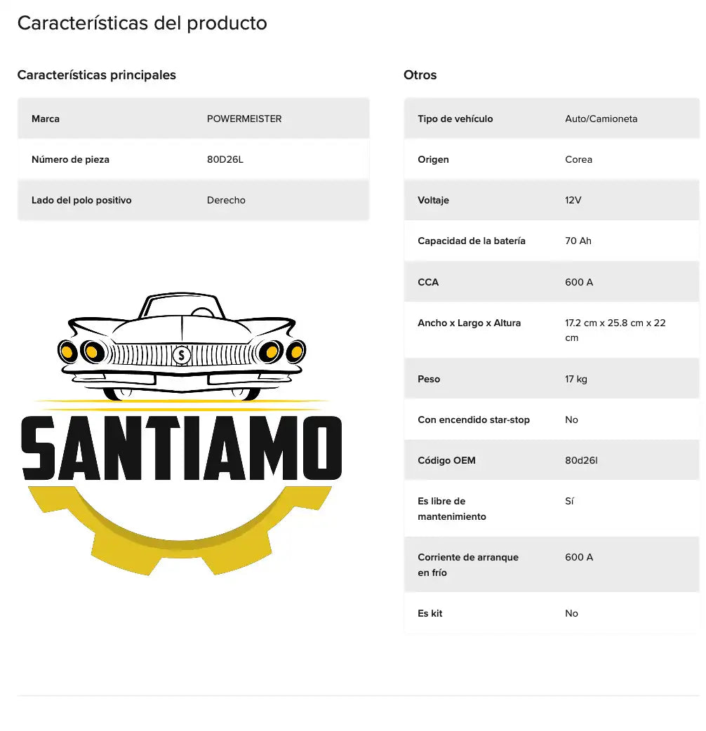 Batería Powermeister 70Ah 600CCA MF 80D26L | Proveedor Oficial Gildemeister