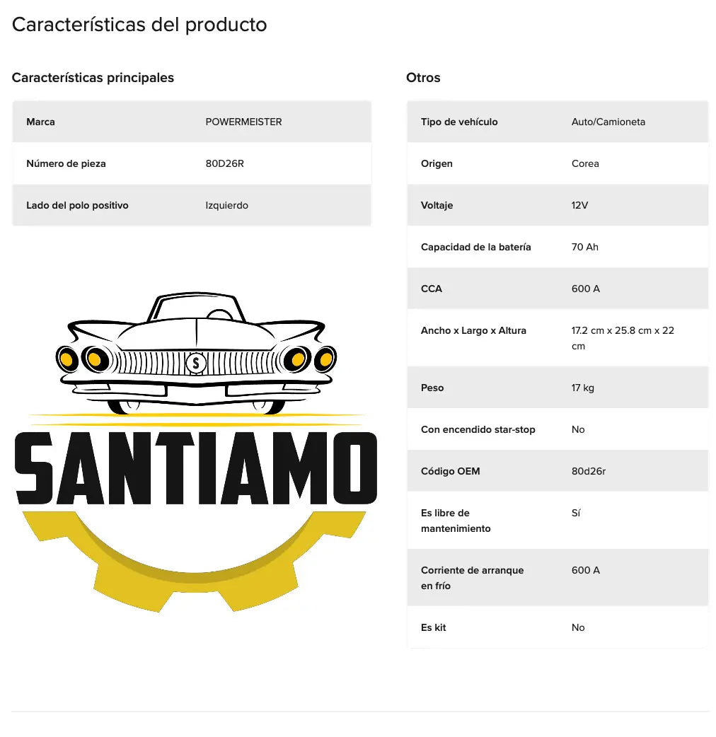 Batería Powermeister 70Ah 600CCA MF 80D26R | Proveedor Oficial Gildemeister